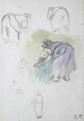 Blatt mit Studien: vier Studien einer sich bückenden Bäuerin und zwei Studien einer Frau mit Korb, von vorne und hinten gesehen, 1874
